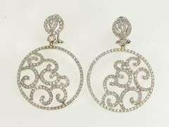 18K White Gold 3.50 Ctw Pave Diamond Ornate Swirl Medallion Earrings