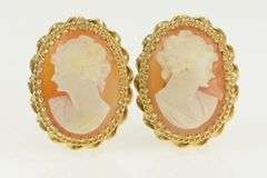14K Yellow Gold Ornate Vintage Carved Shell Cameo Clip Back Earrings