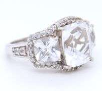 925 Sterling Silver Three Stone White Topaz Cushion Cut Ring