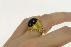 18K Yellow Gold Oval Black Onyx Cabochon Ornate Vintage Ring
