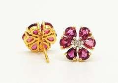 14KT YELLOW GOLD, RUBY, & DIAMOND FLOWER EARRINGS