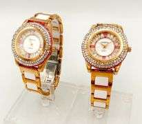 GROUP LOT OF 2x MATCHING CERAMIC & GEMSTONE WATCHES