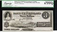 Superb Crisp 1800's $3 Note Bank Of New England Legacy 67 PPQ!
