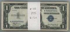 Full pack of 100 Series of 1935 $1 Blue Seal Silver Certs. Circs