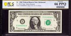 Superb Crisp 1969 $1 Note Richmond Scarce Two Digit Serial Number 00000065 PCGS 66 PPQ!