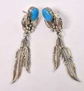 Native American Turquoise Feather Earrings In Sterling Silver