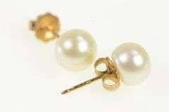 10K Yellow Gold 6.8mm Pearl Vintage Classic Simple Stud Earrings