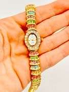 GROUP LOT OF 5x MATCHING 14KT YELLOW GOLD PLATED GENEVA WATCHES WITH GEMSTONES.