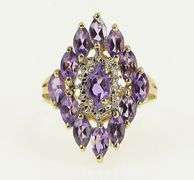 10K Yellow Gold Marquise Amethyst Diamond Cluster Statement Ring