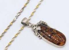 925 Sterling Silver Large Amber Pendant on Italian 2 Tone Rope Chain