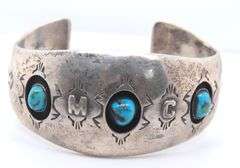 Vintage American Indian Sterling Silver Signed Turquoise Cuff Bangle