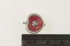 14K White Gold Retro Pink Sim. Opal Diamond Curved Heart Pendant