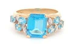 10K Yellow Gold Emerald Cut Blue Topaz Diamond Statement Ring