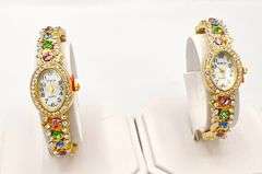 GROUP LOT OF 2x MATCHING GENEVA & GEMSTONE BANGLE BRACELET WATCHES-18KT GOLD PLATED