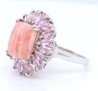 Sterling Silver Beautiful Pink Agate With Pink Sapphires Halo Ring