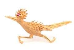 14K Yellow Gold Road Runner Ruby Eyed Retro Speed Symbol Pin/Brooch