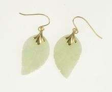 14K Yellow Gold Carved Jade Leaf Drop Dangle Hook Earrings