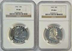 Near perfect 1962 & 1963 Proof Franklin Half Dollars. NGC PF68 & 68*