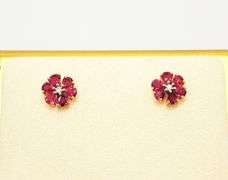14KT SOLID YELLOW GOLD, RUBY, & DIAMOND FLOWER EARRINGS