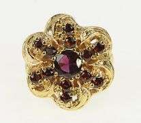 10K Yellow Gold Ornate Garnet Flower Cluster Vintage Cocktail Ring