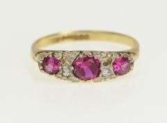 9K Yellow Gold Victorian Syn. Ruby Sim. Diamond Ornate Ring