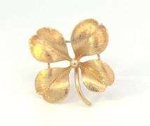 14K Yellow Gold Brushed Finish Retro Four Leaf Clover Lucky Pin/Brooch