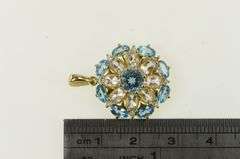 14K Yellow Gold Blue Topaz CZ Vintage Flower Cluster Statement Pendant