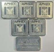 Six (6) assorted interesting Apmex 1 Troy Oz Silver Bars