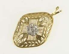 14K Yellow Gold Art Deco Diamond Filigree Ornate Floral Pendant