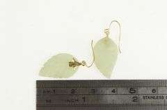 14K Yellow Gold Carved Jade Leaf Drop Dangle Hook Earrings