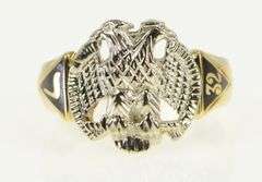 10K White Gold Masonic Eagle Symbol Enamel Vintage Men's Ring