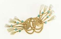 14K Yellow Gold 1960s Baroque Pearl Turquoise Bow Statement Pin/Brooch