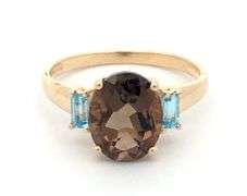 10K Yellow Gold Oval Smoky Quartz Blue Topaz Statement Ring