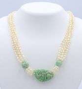 Multi Starnd Pearl Necklace with Green Jade