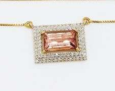 14KT SOLID YELLOW GOLD, PINK TOURMALINE, & DIAMOND PENDANT NECKLACE