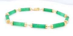 Elegant Yellow Gold Green Jade Barrel Link Bracelet