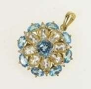 14K Yellow Gold Blue Topaz CZ Vintage Flower Cluster Statement Pendant