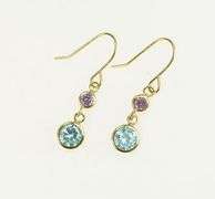 14K Yellow Gold Blue Topaz Amethyst Two Tiered Dangle Drop Earrings