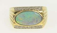 14K Yellow Gold Oval Opal Diamond Squared Vintage Statement Ring