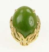 14K Yellow Gold Oval Nephrite Cabochon Ornate Leaf Vine Ring