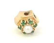 14K Yellow Gold Victorian Pearl Emerald Slide Bracelet Charm/Pendant