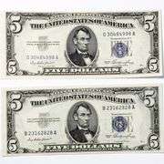 2  1953 CH Unc $5 Silver Certificates