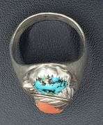 Men's Natural Turquoise Red Coral .925 Silver Ring