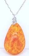 925 Sterling Silver Amber Pendant on Fancy Chain Necklace