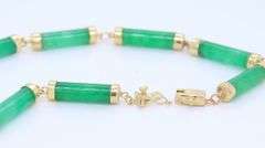 Elegant Yellow Gold Green Jade Barrel Link Bracelet