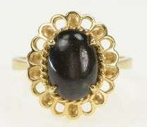 10K Yellow Gold Oval Black Onyx Cabochon Scalloped Trim Ring