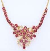 Masterpiece approximate 9.75ctw Ruby and Diamond Thai Necklace and Earrings in Yellow Gold