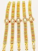 GROUP LOT OF 5x MATCHING 14KT YELLOW GOLD PLATED GENEVA WATCHES WITH GEMSTONES.