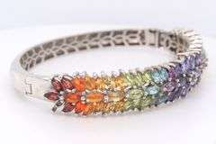 925 Sterling Silver Multi Color Cubic ZirconiaFlower Style Bangle