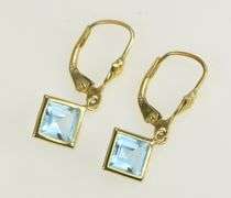14K Yellow Gold Princess Blue Topaz Dangle Lever Back Earrings